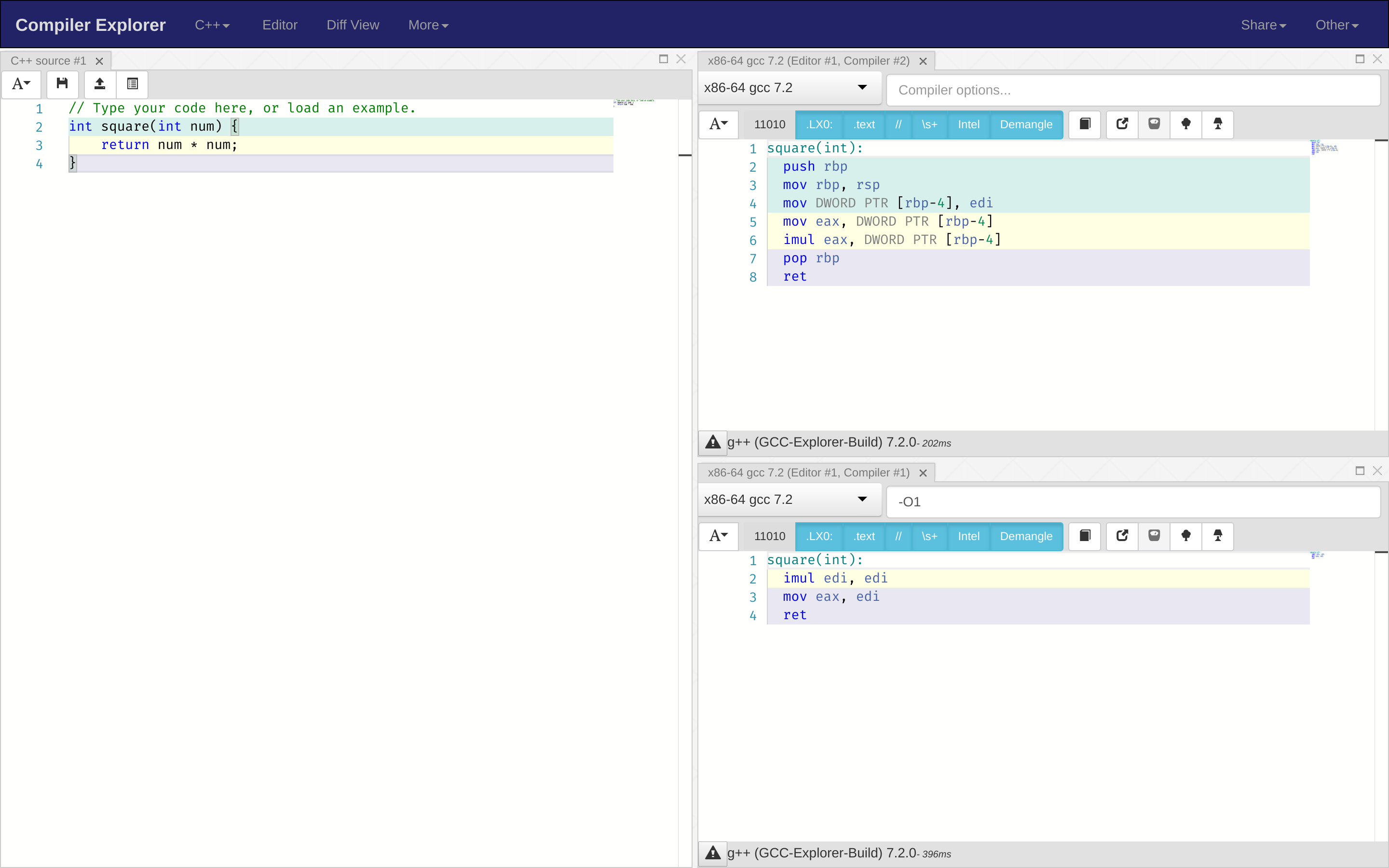 Godbolt showing the disassembly of a function